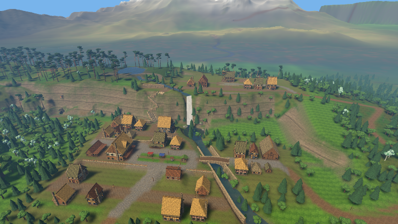 Brackenfall, a village of thatched houses beside a waterfall, seen from the air