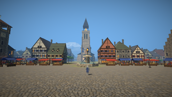 A cobbled market square with stalls, timbered houses and a tall stone tower